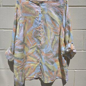 Rachel Zoe Womens 100% Linen Tropical Top Size XXL Button Down Roll Tab Sleeves